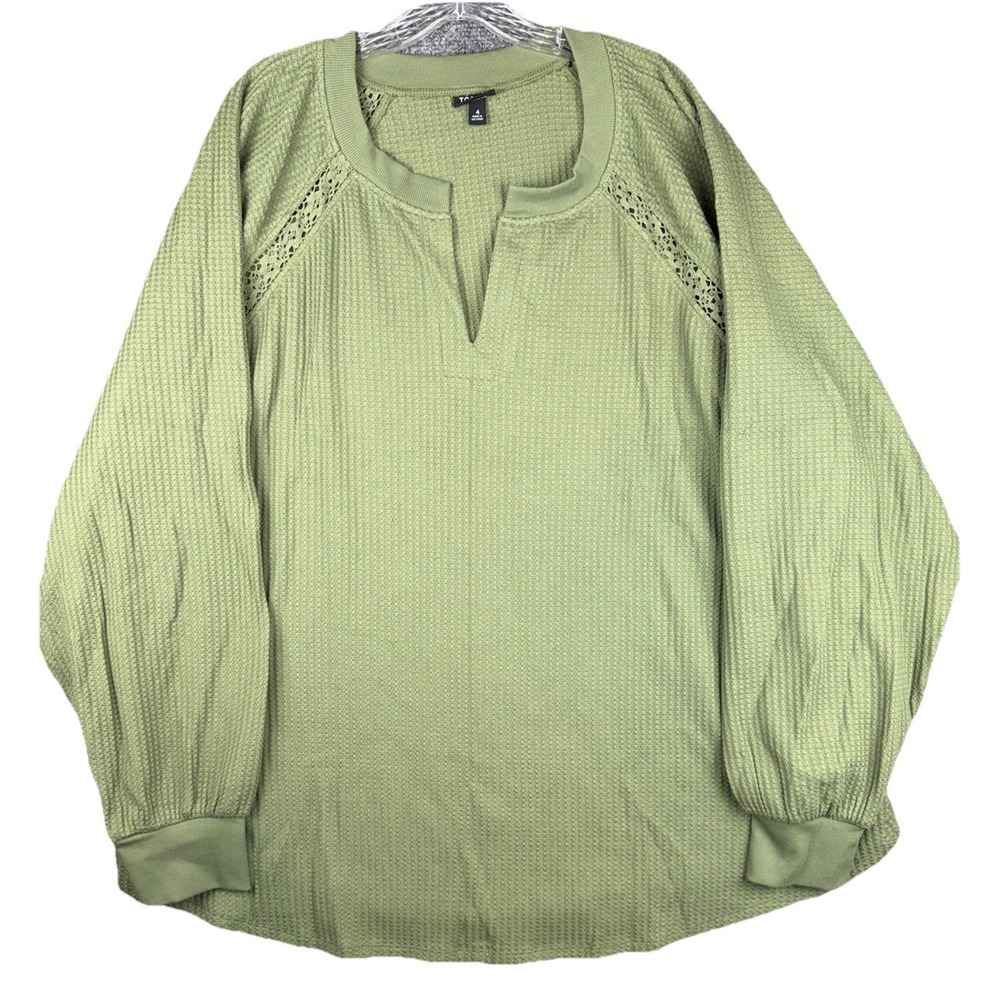 Torrid Waffle Knit Top Women 4X Olive Crochet Balloon Sleeve Ruffle V Neck Boho